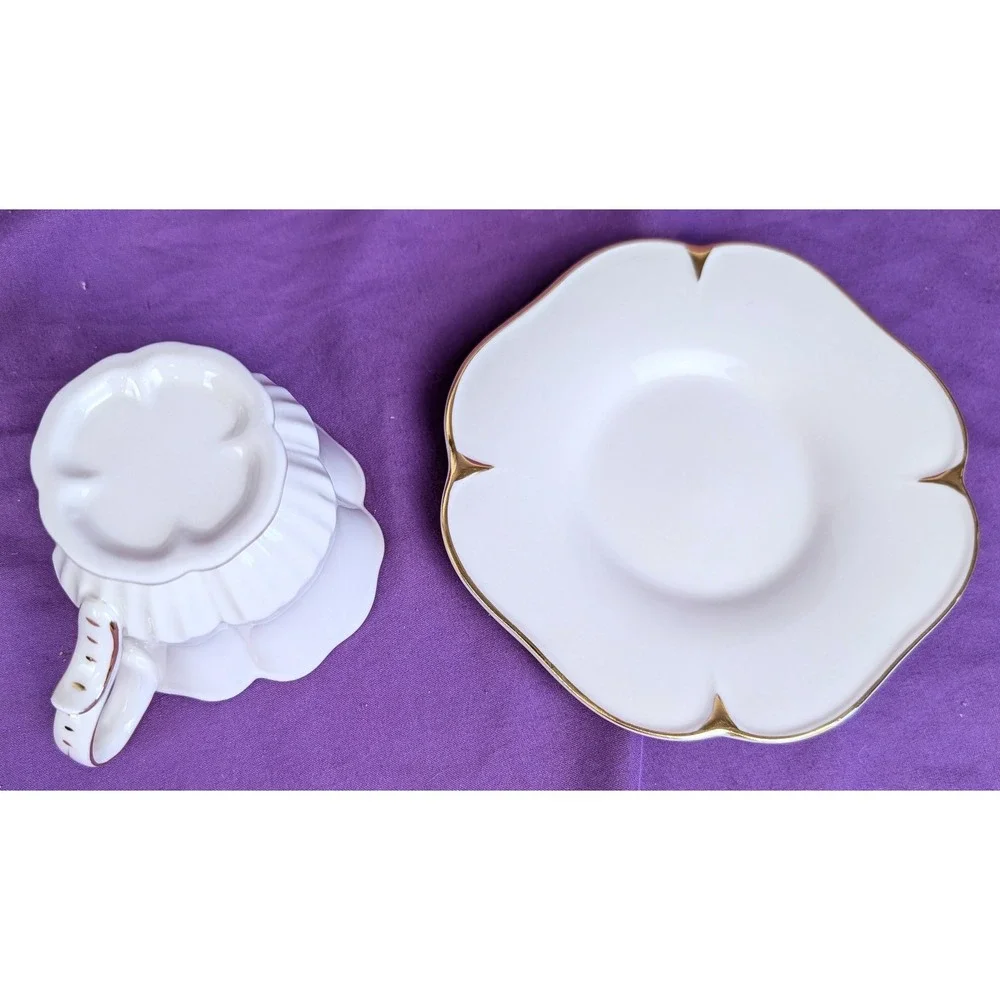 Olympia Ribbed Tea Cup and Flower Shaped Saucer White With Gold Trim NIB
